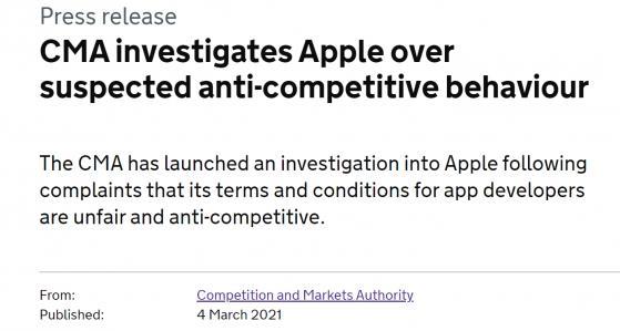 英国反垄断部门启动App Store调查 苹果：期待与监管合作